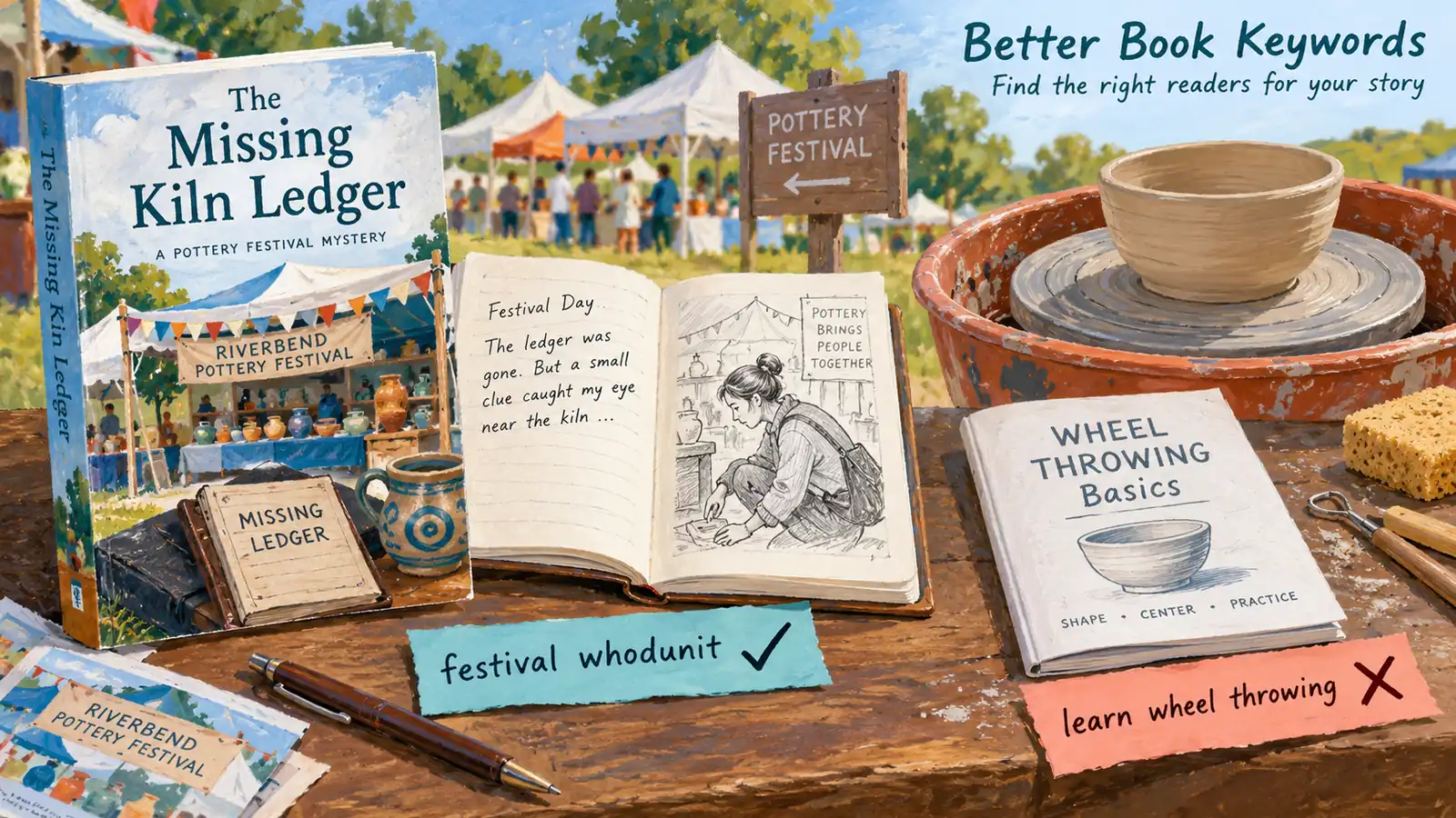 A pottery-festival mystery supports a whodunit phrase, not a wheel-throwing tutorial query
