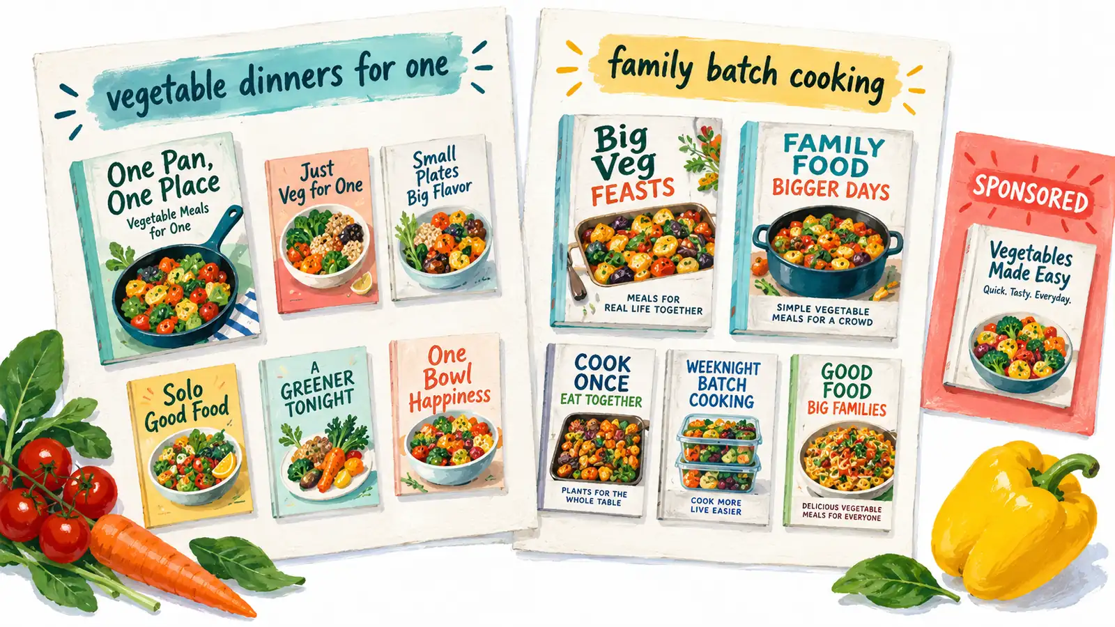 A single-serving cookbook matches one query context while family cookbooks match another; a sponsored card is separate