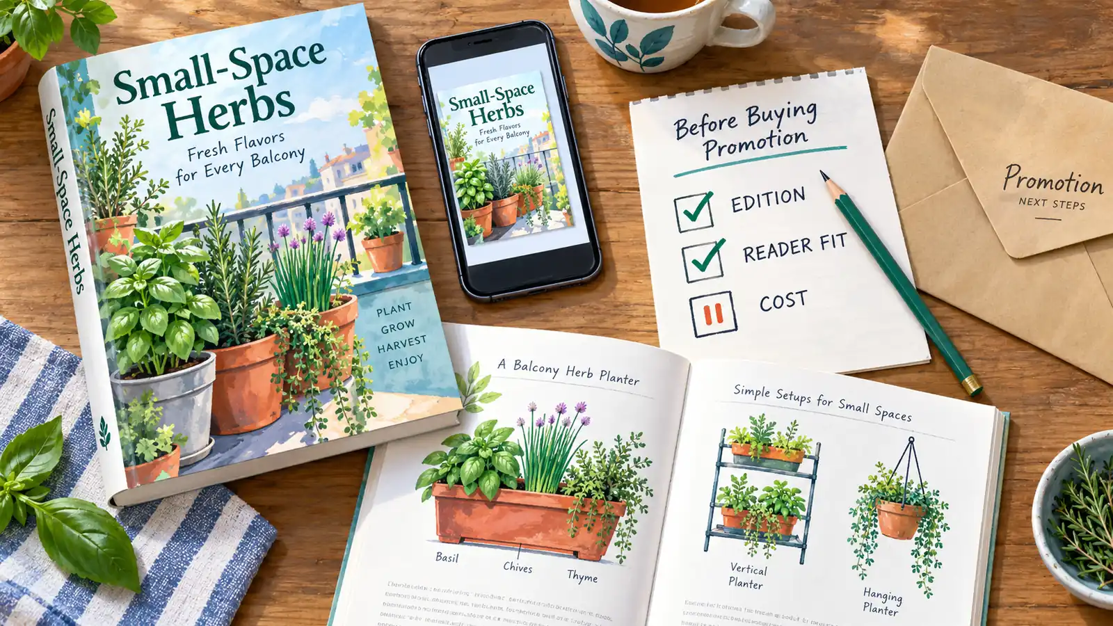 A herb guide, matching mobile cover and proof beside edition, reader-fit and cost checks before promotion